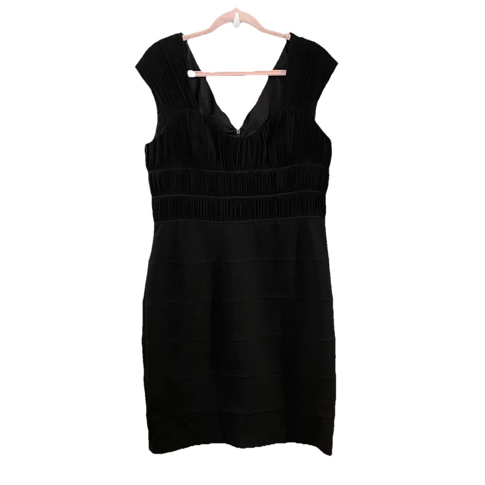 Adrianna Papell Women Pleated Bandage Sheath Dress 14 Black Stretch Cocktail